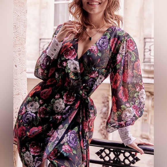 ASOS Dresses & Skirts - Floral Mini Dress With Blouson Sleeve And Contrast Lace Cuff